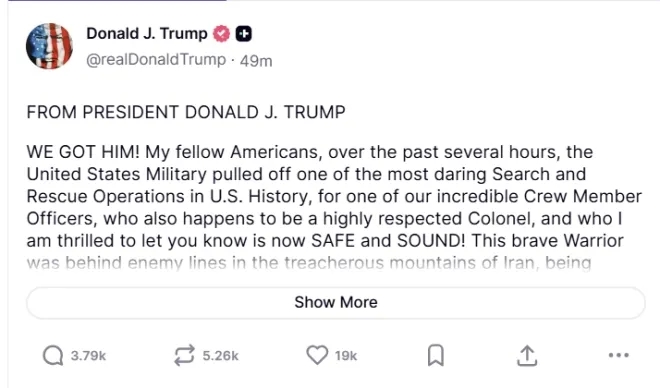 도널드 트럼프 미국 대통령이 5일(현지시간) 소셜미디어에 이란에서 실종된 미군 승무원 구조 성공을 자찬하는 글을 올리고 있다. 트루스소셜 캡처