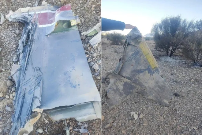 이란 국영 매체가 공개한 사진으로, 이란 당국은 이를 자국 방공망에 격추된 미군 전투기 잔해라고 주장했다. 사진에는 F-15E 수직꼬리날개로 추정되는 부품이 담겨 있다. 이란 국영매체 엑스(X) 캡처