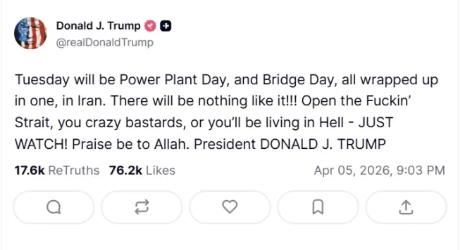 도널드 트럼프 미국 대통령이 5일(현지시간) 트루스소셜에 이란의 발전소와 교량을 거론하며 호르무즈 해협 개방을 압박하는 글을 올렸다. 트루스소셜 캡처