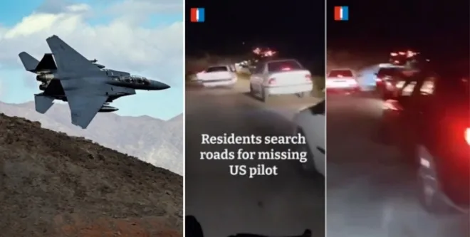 왼쪽은 F-15 전투기. 중앙과 오른쪽은 이란 서남부 주민들이 실종 미군 수색팀을 돕기 위해 차량 바리케이트를 치는 모습이라고 주장된 영상. 이란인터내셔널 엑스 캡처