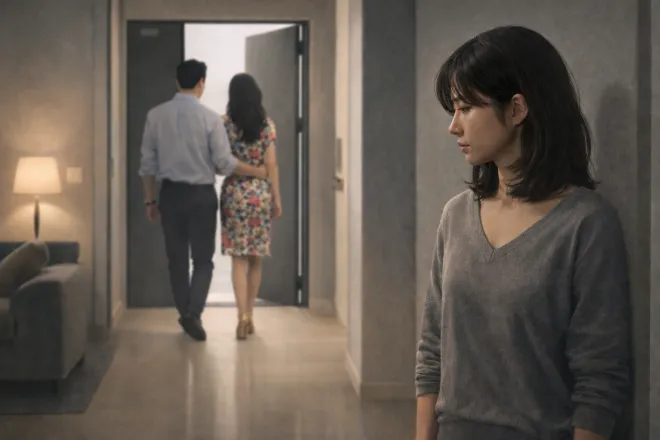 다른 여성과 관계를 이어가며 집을 떠난 남편을 바라보는 아내의 상실감을 표현한 생성형 AI 이미지.