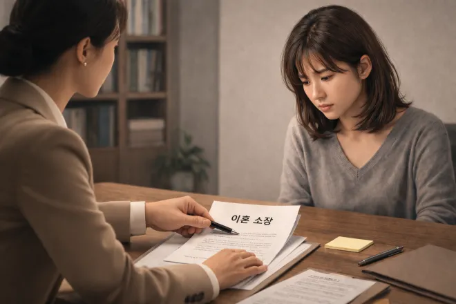 외도한 남편의 이혼 청구에 대응해 법률 상담을 받는 아내의 상황을 표현한 생성형 AI 이미지.