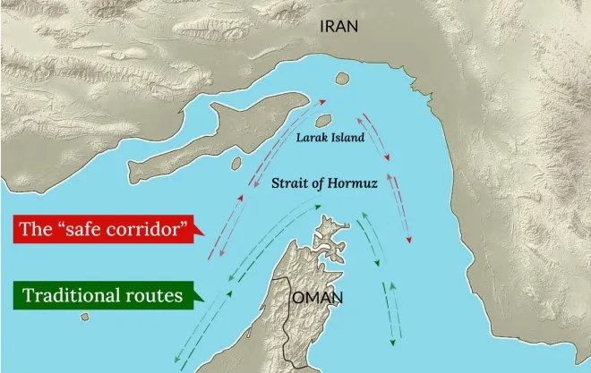 호르무즈 해협의 라라크섬 인근 ‘안전 항로’와 기존 항로를 비교한 개념도. 이란은 해협 통과 선박에 자국 승인 아래 지정 항로를 이용하라고 요구하고 있다. 엑스(X·옛 트위터) 캡처