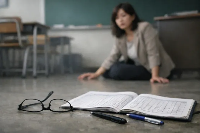 교실 바닥에 안경과 출석부가 떨어져 있고, 뒤편에는 충격을 받은 여교사가 주저앉아 있다. 교사 폭행 사건 이후 멈춰 선 교실 분위기를 상징적으로 표현한 삽화.