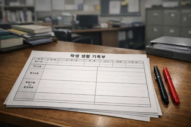 교무실 책상 위에 학생부를 연상시키는 서류가 펼쳐져 있고, 옆에는 검은 펜과 붉은 펜이 놓여 있다. 교사 폭행 논란 속 ‘기록 공백’ 문제를 상징적으로 표현한 삽화.