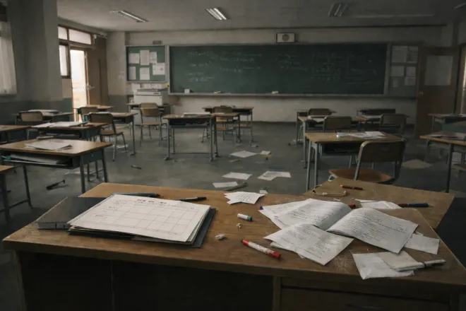교사용 서류와 필기구가 흩어진 채 남아 있는 빈 교실 전경. 처벌 강화만으로는 막기 어려운 교실 통제력 상실과 공교육 시스템의 균열을 상징적으로 표현한 삽화.