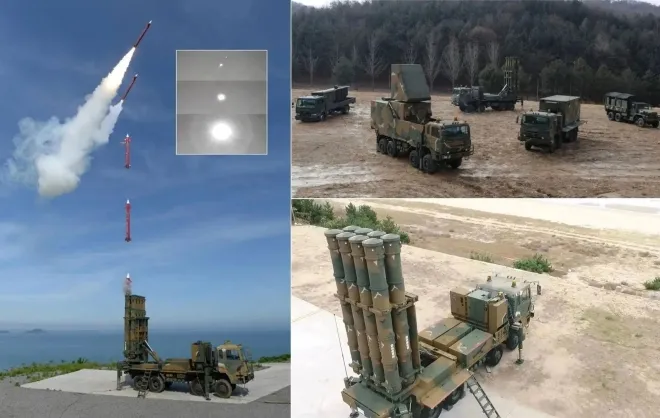 탄도미사일을 요격하는 ‘천궁-II’ 발사 장면(왼쪽)과 전체 운용 체계(오른쪽 위), 다관통 발사대 근접 모습(오른쪽 아래). 천궁-II는 중거리 지대공미사일 체계로, 고도 20㎞ 내외의 탄도미사일을 정밀 요격할 수 있다. 사진=방위사업청·LIG넥스원