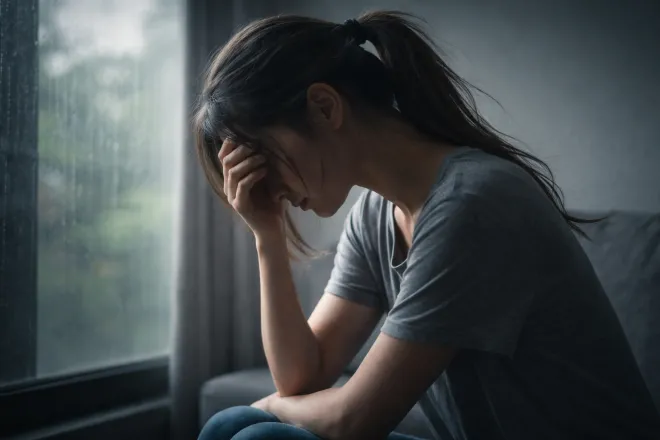 한 여성이 창가에 앉아 고개를 숙인 채 깊은 생각에 잠겨 있다. 기사 내용과 직접 관련 없는 이미지로, 사건의 무거운 분위기를 상징적으로 표현한 삽화. AI 생성 이미지.