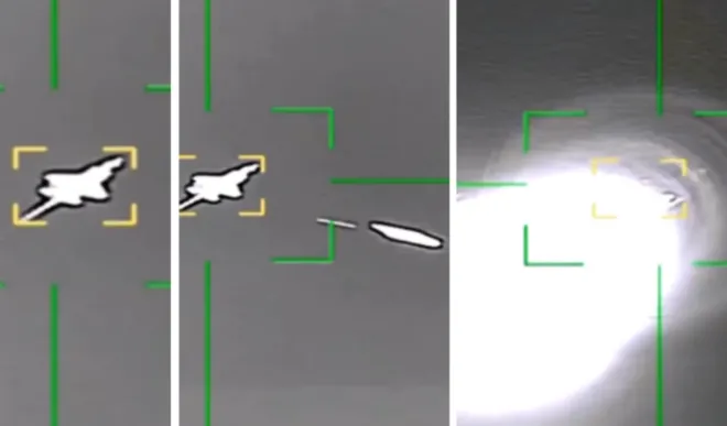 이란 측이 공개한 영상 화면으로, 미군 F-35 전투기를 향한 방공 요격 장면이라고 주장하고 있다. 다만 이 화면이 3월 19일 손상된 미군 F-35A의 실제 교전 장면인지는 확인되지 않았다. 자료화면.