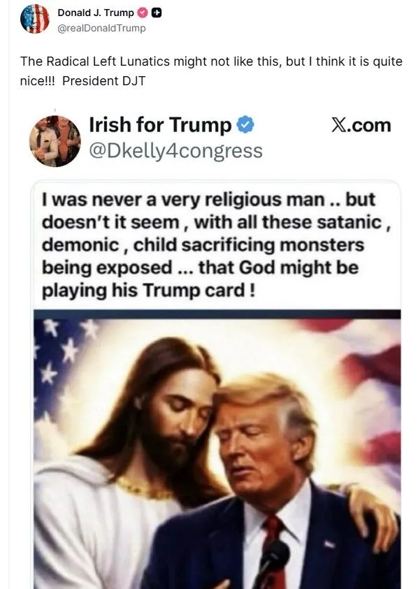 도널드 트럼프 미국 대통령이 15일(현지시간) 예수와 머리를 맞댄 듯한 합성 이미지를 공유하고 있다. 트루스소셜 캡처