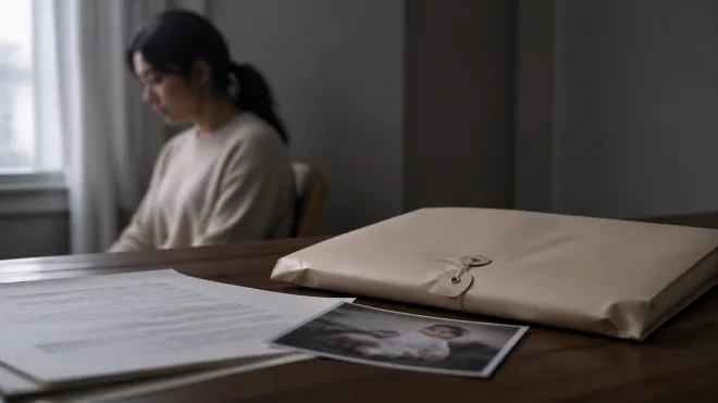 창가 쪽에 앉은 한 여성이 고개를 숙인 채 침묵하고 있다. 앞쪽 테이블 위에는 서류와 봉인된 봉투, 아기 사진이 놓여 있다. 기사 이해를 돕기 위한 AI 생성 이미지