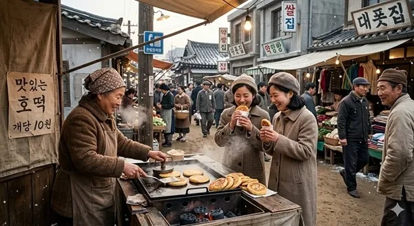 시장거리에서 호떡을 팔고 있는 모습. AI 생성 이미지