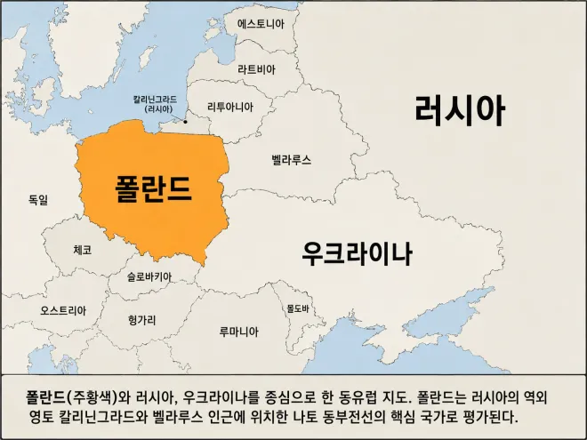 폴란드(주황색)와 러시아, 우크라이나를 중심으로 한 동유럽 지도. 폴란드는 북대서양조약기구(나토·NATO) 동부전선의 핵심 거점으로 평가된다. 그래픽=서울신문 뉴미디어랩 제작·AI 이미지