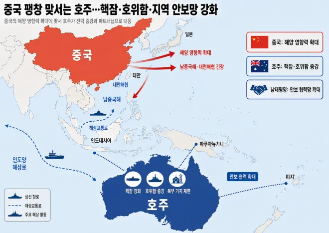중국의 해양 영향력 확대에 맞서 호주가 핵추진잠수함과 호위함 전력 증강, 남태평양 안보 협력 확대를 추진하는 구도. 호주는 2026 국방전략에서 중국을 인도태평양 안보 악화의 핵심 원인으로 지목했다. 그래픽=서울신문 뉴미디어랩 제작·AI 이미지