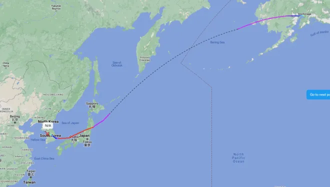 2025년 2월 아테나-R이 한국 배치를 위해 이동한 항로. 플라이트레이더24 캡처