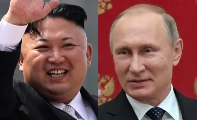 왼쪽부터 김정은 북한 국무위원장, 블라디미르 푸틴 러시아 대통령. AP 연합뉴스