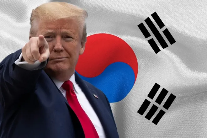 도널드 트럼프 미국 대통령, 한국 국기 합성 사진.  AP 연합뉴스, 123rf.com