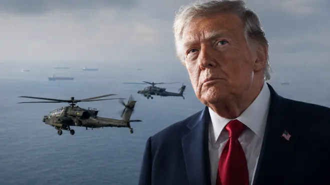 도널드 트럼프 미국 대통령과 호르무즈 해협 인근을 비행하는 미 육군 AH-64 아파치 공격헬기. 트럼프 대통령은 아파치 격추 정황 보고 뒤 이란에 대한 제한 공습을 지시했다. AFP 연합뉴스·미 중부사령부(CENTCOM) 엑스 합성