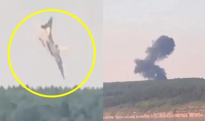 러시아 전략폭격기 투폴레프(Tu-22M3)가 추락하는 모습과 폭발 장면. 영상 캡처