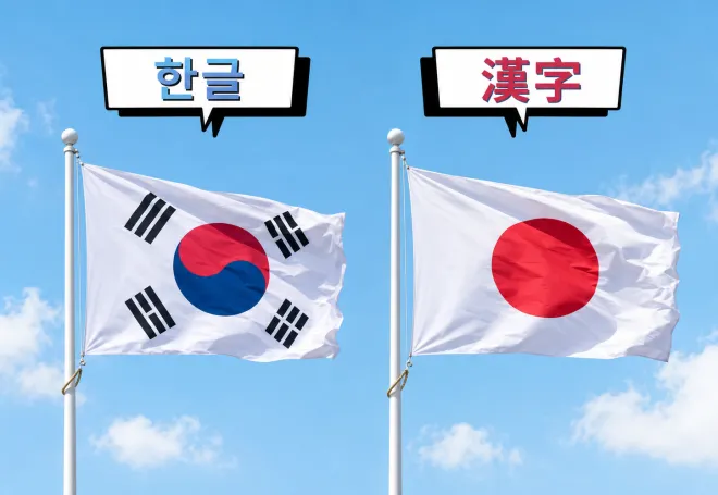 태극기와 일장기 위에 ‘한글’과 ‘한자’를 배치한 AI 생성 이미지. 한국과 일본은 같은 한자문화권에서 출발했지만 서로 다른 문자생활을 정착시켰다.