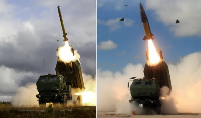 기존 하이마스(HIMARS) 발사대에서 로켓탄과 전술탄도미사일이 발사되는 모습. 신형 하이마스 플렉스는 2포드 구성으로 탄약 탑재량을 늘리고 장거리 타격 능력을 확대했다. 밀리터리워치매거진 캡처