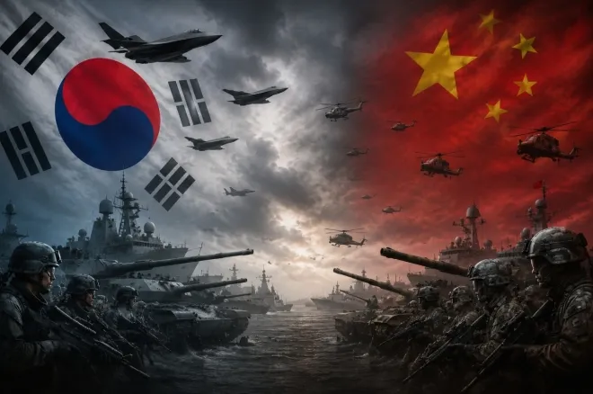 한국과 중국 국기와 군인들 AI 생성 이미지