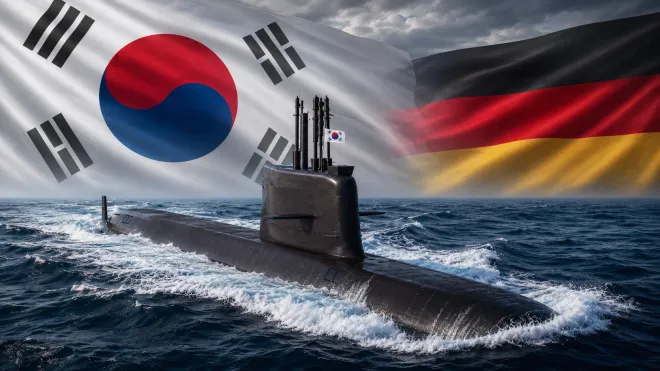 한국 해군의 장보고-Ⅲ 배치(Batch)-Ⅰ 1번함 도산안창호함을 바탕으로 제작한 합성 이미지. 한국은 성능을 개선한 배치-Ⅱ 모델의 빠른 납기와 현지 정비 기반을, 독일은 212CD의 나토 연계 부품·훈련·정비망을 강점으로 내세우고 있다. 배경에는 한국과 독일 국기를 합성했다. 한화오션 자료사진·이미지 생성 AI 활용