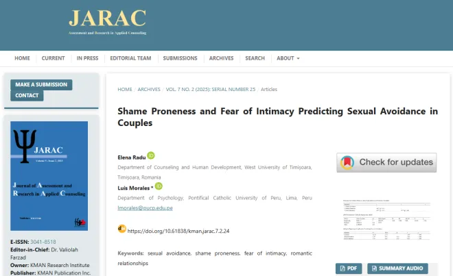 상담학·심리학 분야의 국제학술지인 응용상담 평가 및 연구저널(JARAC) 캡처