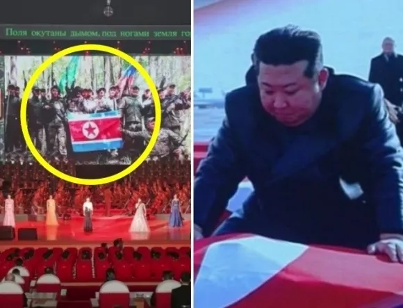 2025년 6월 30일 북한·러시아 간 ‘포괄적 전략적 동반자 관계 조약’ 체결 1주년을 맞아 전날 동평양대극장에서 열린 북·러 예술인 공연 무대 녹화 영상. 러시아로 파병됐다가 전사한 북한 병사들의 모습이 최초로 대중에 공개됐다. 오른쪽은 전사자 유해 송환식에서 눈물을 보이는 김정은 북한 국무위원장의 모습. 조선중앙TV 캡처