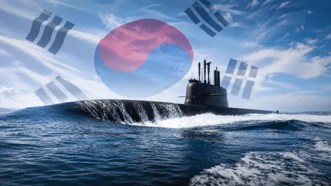 한화오션이 설계·건조한 3000t급 잠수함 도산안창호함을 바탕으로 제작한 이미지. 정부는 ‘장보고-N’ 핵추진잠수함 개발을 위한 전담조직을 확대하고 원자로 개발체계 구축에 나섰다. 한화오션·123RF 자료사진, 이미지 생성 AI 활용