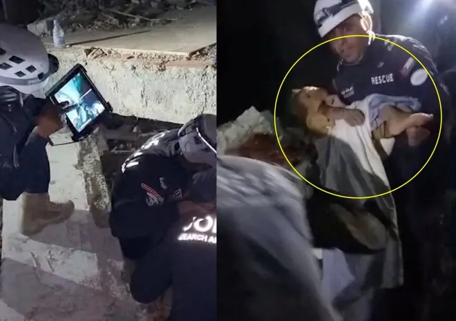 지난 30일 새벽 라과이라주의 한 건물 잔해에서 소년이 구조되고 있다. 로이터 연합뉴스