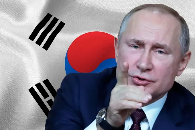 블라디미르 푸틴 러시아 대통령. AP 연합뉴스, 123rf.com 합성사진Flag of the state of Korea close-up.