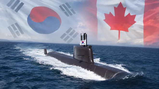 한국 해군의 장보고-Ⅲ 배치-Ⅰ 1번함 도산안창호함과 한국·캐나다 국기를 합성해 제작한 이미지. 한화오션·123rf 자료사진, 이미지 생성 AI 활용