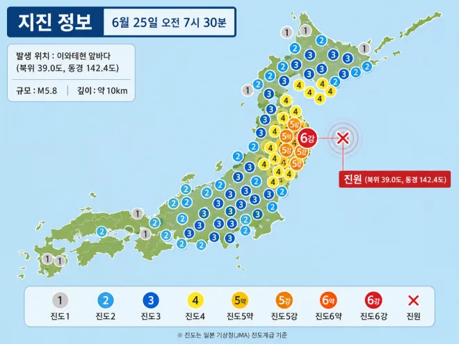 지난달 25일 일본 이와테현 앞바다에서 발생한 강진의 진도 분포와 진원 위치를 재구성한 그래픽. 산리쿠 앞바다를 중심으로 강한 흔들림이 관측됐다. 서울신문 뉴미디어랩 그래픽