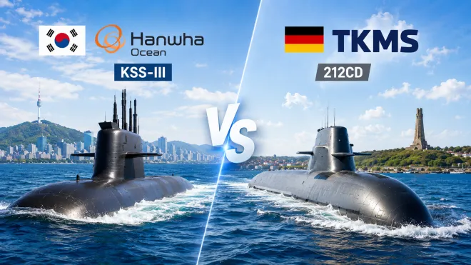 한국 한화오션의 KSS-Ⅲ와 독일 TKMS의 212CD급 잠수함 경쟁을 표현한 합성 이미지. 캐나다 잠수함 수주전에서 한화오션은 빠른 납기와 현지 산업 협력을, TKMS는 나토 연계 운용과 정비망을 앞세웠다. 한화오션·TKMS 자료 이미지 기반 AI 생성 이미지.