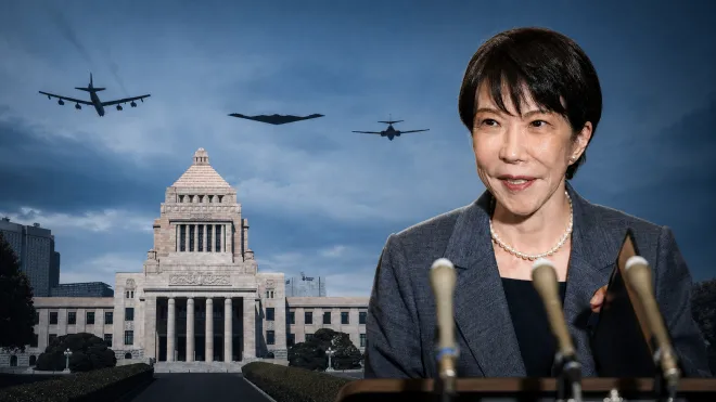 다카이치 사나에 일본 총리와 미국의 B-52H 전략폭격기, B-2 스피릿 스텔스 폭격기, B-1B 랜서 초음속 폭격기 편대, 일본 국회의사당을 합성한 이미지. 다카이치 총리 사진은 지난달 13일 도쿄 총리 관저에서 유럽 순방 출국에 앞서 취재진과 만난 모습이다. 지지통신·AFP 연합뉴스, 켄 세데노·AFP 연합뉴스, 위키미디어 커먼스(Wiiii, CC BY-SA 3.0)