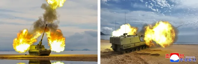 북한의 155㎜ 자행평곡사포가 지난 6월 25일 해안 발사장에서 사거리연장탄을 발사하는 모습. 김정은 북한 국무위원장은 이날 국방과학연구기관들이 조직한 중요 무기시험을 참관했다. 조선중앙통신 연합뉴스