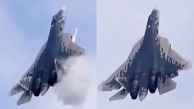 Su-57에서 발사된 것으로 추정되는 R-74M2 미사일. 영상 캡처