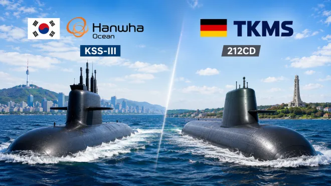 한국 한화오션의 KSS-Ⅲ와 독일 티센크루프마린시스템즈(TKMS)의 212CD급 잠수함을 비교해 구성한 이미지. 캐나다 차세대 잠수함 수주전에서 한화오션은 빠른 납기와 산업협력안을 제시했지만, 캐나다는 TKMS를 우선협상대상자로 선정했다. 한화오션·TKMS 자료 이미지 기반 AI 생성 이미지
