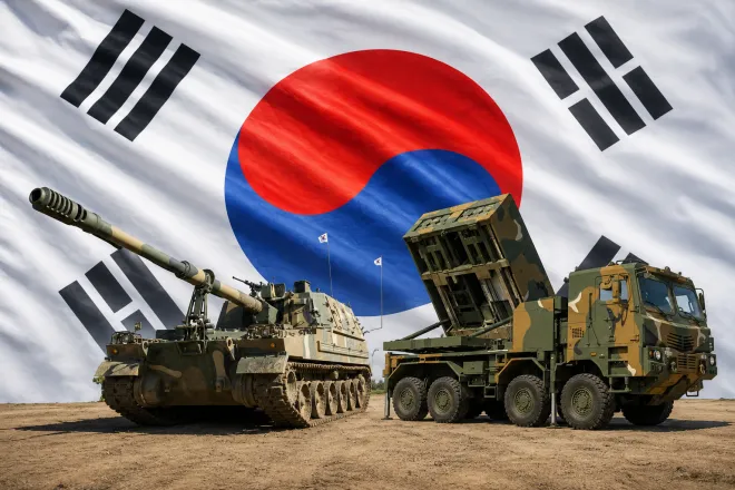 태극기를 배경으로 배치한 K9 자주포와 다연장로켓 천무 합성 이미지. 한화에어로스페이스는 유럽 현지생산과 기술 협력을 확대하며 K9과 천무의 나토 방산 공급망 진입을 추진하고 있다. 한화에어로스페이스·123rf
