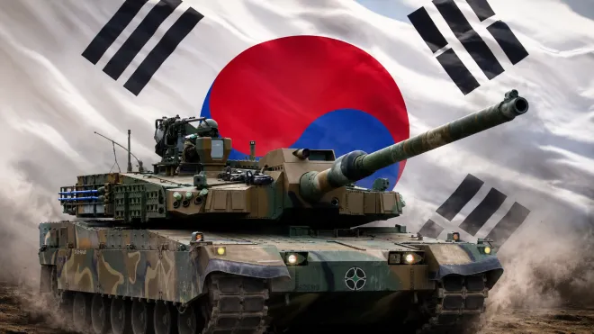 태극기를 배경으로 K2 흑표 전차를 합성한 이미지. 미국 군사전문매체 19포티파이브는 K2를 미국산을 제외한 세계 주력전차 평가에서 2위로 선정했다. 기사 이해를 돕기 위한 합성 이미지. 육군·123RF 자료사진