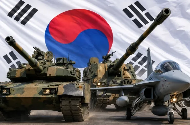 왼쪽부터 K2 흑표 전차, K9 썬더 자주포, FA-50 파이팅이글 경전투기 AI 생성 이미지