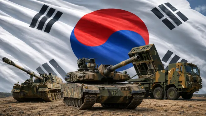 한국 방산의 주력 지상무기인 K2 전차, K9 자주포, 천무 다연장로켓을 태극기 배경 위에 합성한 이미지. 현대로템·한화에어로스페이스·123RF