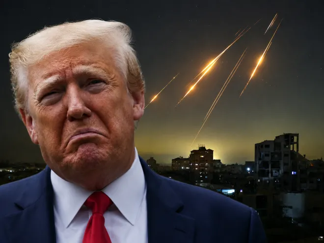 2020년 5월 21일 도널드 트럼프 미국 대통령과 지난 13일 이란이 이스라엘을 향해 발사한 미사일 궤적을 합성한 이미지. AFP 연합뉴스