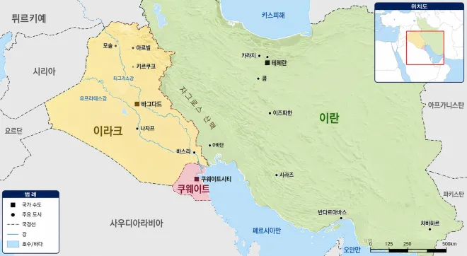 이란과 쿠웨이트의 지리적 위치. 이란군이 쿠웨이트로 진입하려면 이라크 영토를 통과하거나 페르시아만을 건너야 한다. 기사 이해를 돕기 위한 자료 이미지. 생성형 AI 활용 제작