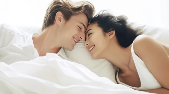 침대에 누워 다정하게 마주 보는 연인의 모습. 스위스 청년 약 4700명을 분석한 연구에서 첫 경험 시기와 현재 연애 상태 사이의 연관성이 확인됐다. 123RF