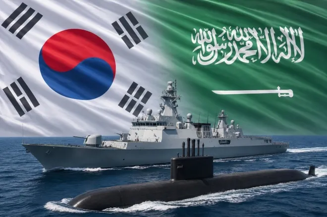 왼쪽부터 HD현대중공업이 건조한 호위함과 한화오션이 건조한 잠수함. AI 제작 이미지