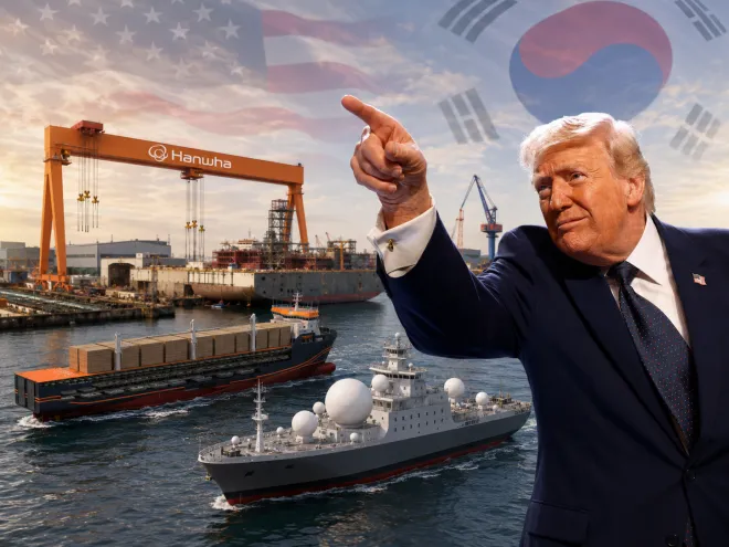 도널드 트럼프 미국 대통령이 2026년 3월 9일(현지시간) 미국 플로리다주 마이애미에서 연설 뒤 제스처를 취하고 있다. 한화 필리조선소와 글로벌 고속수송선(GFS), 미사일 해상 시험 계측선(MRIV), 태극기·성조기 이미지를 합성해 제작했다. 로이터·연합뉴스·한화·한화오션·레이도스·토트서비스·123RF
