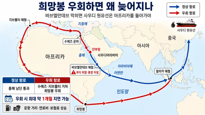 사우디 얀부항에서 출발한 원유선의 아시아행 정상 항로(파란색)와, 바브엘만데브해협 통항 차질 시 수에즈운하·지브롤터해협을 거쳐 아프리카 희망봉으로 우회하는 항로(빨간색)를 비교한 지도. 우회 시 운항 거리와 시간이 크게 늘어 최대 약 1개월 지연되고 연료비·보험료 등 운송 부담도 커질 수 있다. 제작=서울신문 뉴미디어랩