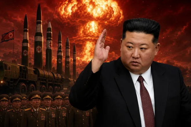 2026년 6월 20~22일 열린 북한 노동당 중앙위원회 제9기 제2차 전원회의에서 핵무력 확대·강화 방침을 밝힌 김정은 북한 국무위원장과 탄도미사일 등을 합성한 이미지. 김 위원장 모습은 조선중앙TV 화면을 활용했으며, 배경은 기사 이해를 돕기 위해 인공지능(AI)으로 제작했다. 조선중앙TV·연합뉴스 자료사진·AI 합성 이미지
